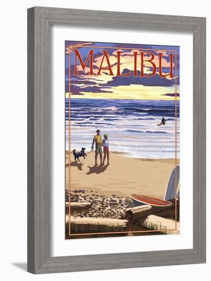 Malibu, California - Beach Scene and Surfers-Lantern Press-Framed Art Print