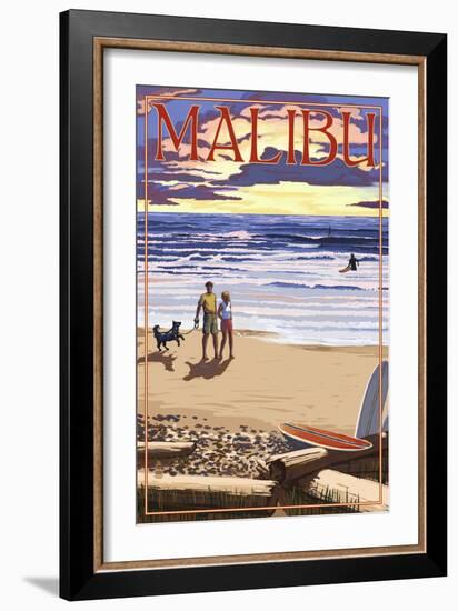 Malibu, California - Beach Scene and Surfers-Lantern Press-Framed Art Print