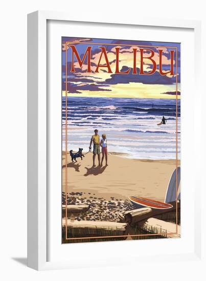 Malibu, California - Beach Scene and Surfers-Lantern Press-Framed Art Print