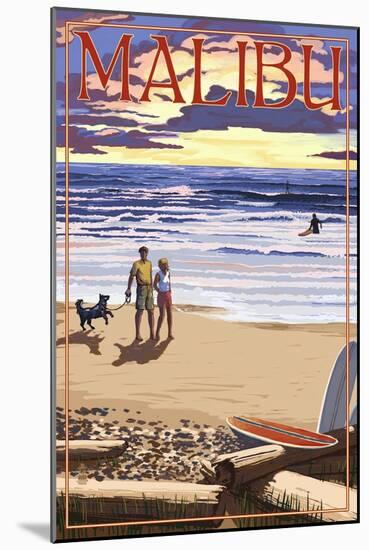 Malibu, California - Beach Scene and Surfers-Lantern Press-Mounted Art Print