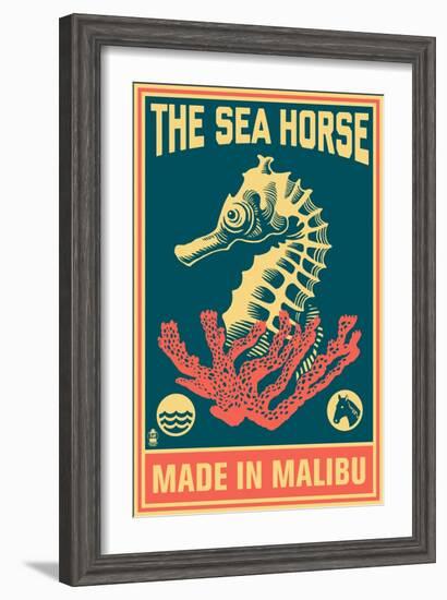 Malibu, California - Seahorse Woodblock (Blue and Pink)-Lantern Press-Framed Art Print