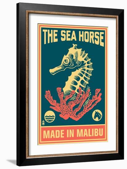 Malibu, California - Seahorse Woodblock (Blue and Pink)-Lantern Press-Framed Art Print