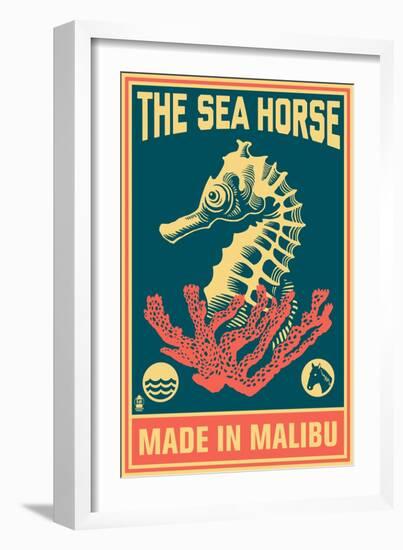 Malibu, California - Seahorse Woodblock (Blue and Pink)-Lantern Press-Framed Art Print