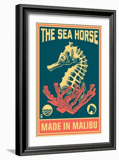 Malibu, California - Seahorse Woodblock (Blue and Pink)-Lantern Press-Framed Art Print