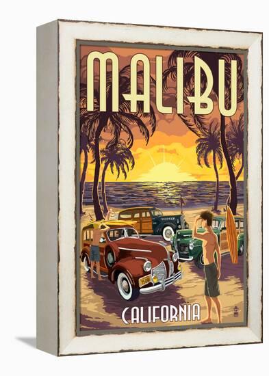 Malibu, California - Woodies on the Beach-Lantern Press-Framed Stretched Canvas