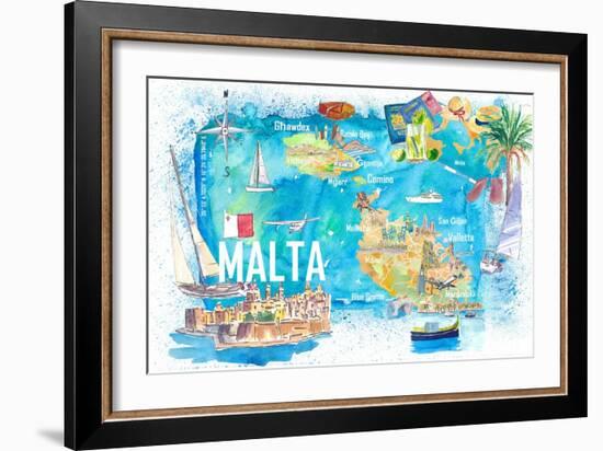 Malta Illustrated Island Travel Map with Roads and Highlights-M. Bleichner-Framed Art Print