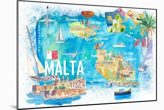 Malta Illustrated Island Travel Map with Roads and Highlights-M. Bleichner-Mounted Art Print
