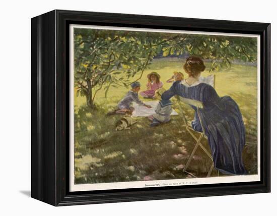 Mama Sits Reading Her Book While the Children and Dog Play at a Tea-Party on the Lawn-null-Framed Premier Image Canvas