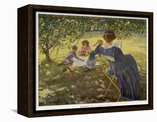 Mama Sits Reading Her Book While the Children and Dog Play at a Tea-Party on the Lawn-null-Framed Premier Image Canvas