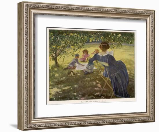 Mama Sits Reading Her Book While the Children and Dog Play at a Tea-Party on the Lawn-null-Framed Photographic Print