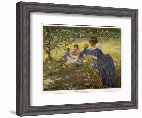 Mama Sits Reading Her Book While the Children and Dog Play at a Tea-Party on the Lawn-null-Framed Photographic Print