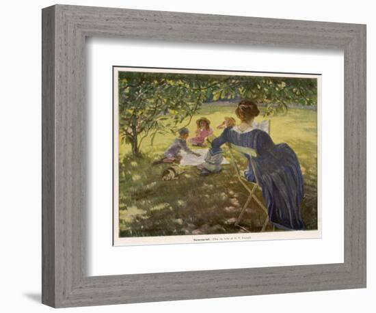 Mama Sits Reading Her Book While the Children and Dog Play at a Tea-Party on the Lawn-null-Framed Photographic Print