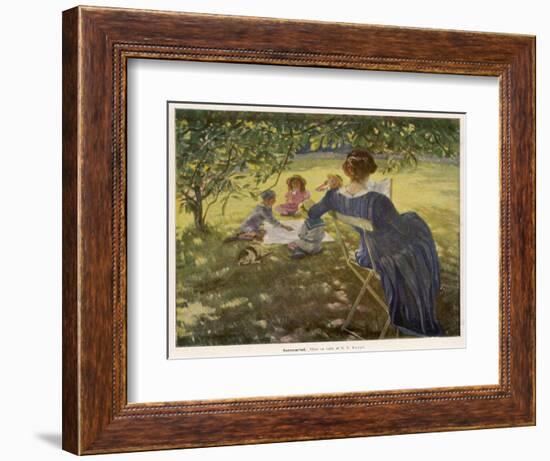 Mama Sits Reading Her Book While the Children and Dog Play at a Tea-Party on the Lawn--Framed Photographic Print