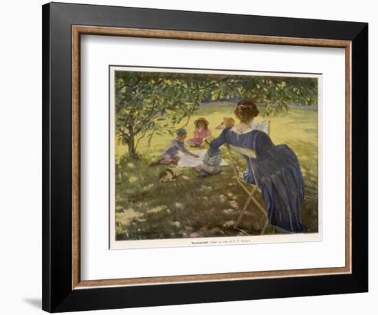 Mama Sits Reading Her Book While the Children and Dog Play at a Tea-Party on the Lawn--Framed Photographic Print