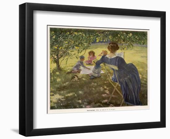 Mama Sits Reading Her Book While the Children and Dog Play at a Tea-Party on the Lawn--Framed Photographic Print