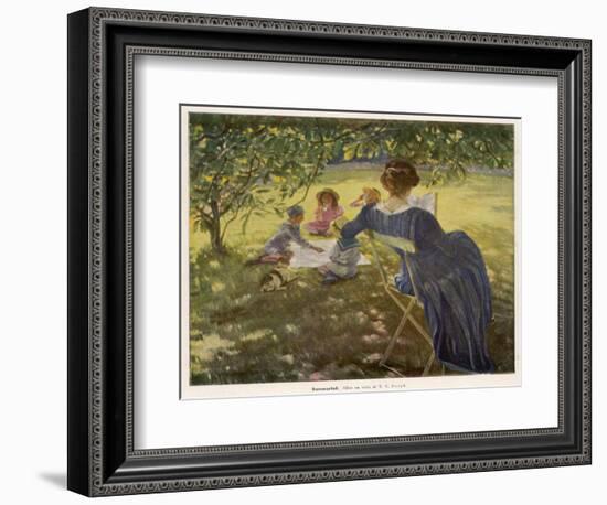 Mama Sits Reading Her Book While the Children and Dog Play at a Tea-Party on the Lawn-null-Framed Photographic Print