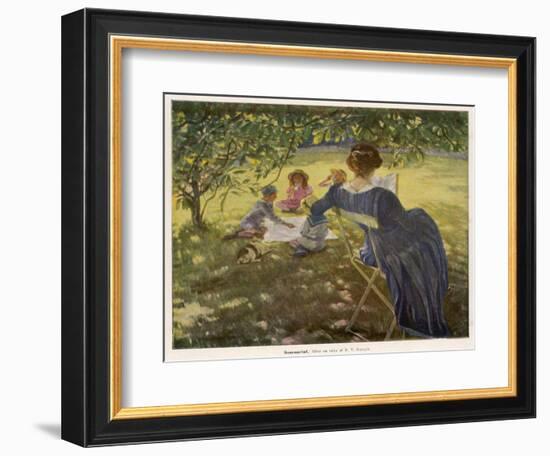 Mama Sits Reading Her Book While the Children and Dog Play at a Tea-Party on the Lawn-null-Framed Photographic Print