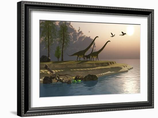 Mamenchisaurus Dinosaurs Walk to a Lake for a Morning Drink-null-Framed Art Print