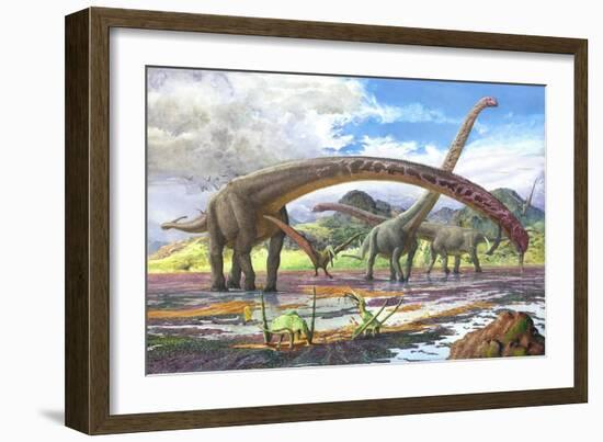 Mamenchisaurus Feeding on Brown Algae at Low Tide-null-Framed Art Print