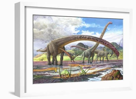 Mamenchisaurus Feeding on Brown Algae at Low Tide-null-Framed Art Print