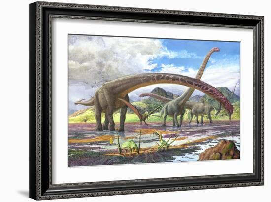 Mamenchisaurus Feeding on Brown Algae at Low Tide-null-Framed Art Print