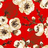 Sakura Branch on Red Background. Vector Seamless Pattern. Floral Design Oriental Style. Vintage. Bl-mamita-Art Print