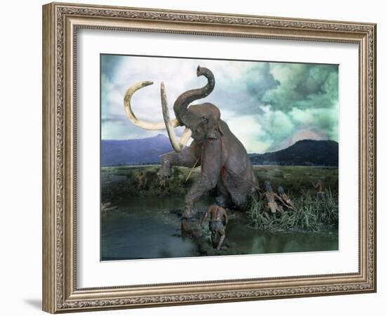 Mammoth Hunt, Lower Paleolithic era, Reconstruction-null-Framed Photographic Print