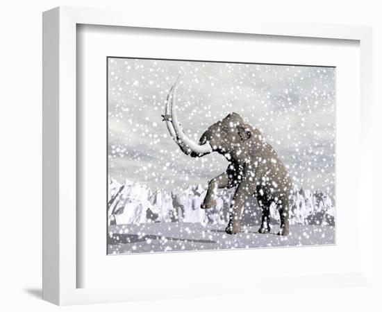 Mammoth Walking Through a Blizzard on Mountain-null-Framed Art Print