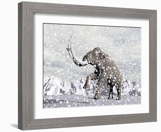 Mammoth Walking Through a Blizzard on Mountain-null-Framed Art Print