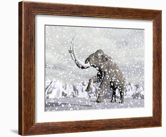 Mammoth Walking Through a Blizzard on Mountain-null-Framed Art Print