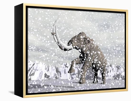 Mammoth Walking Through a Blizzard on Mountain-null-Framed Stretched Canvas