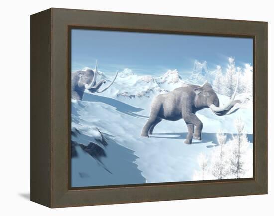 Mammoths Walking Slowly on the Snowy Mountain Against the Wind-null-Framed Stretched Canvas
