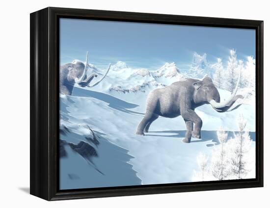 Mammoths Walking Slowly on the Snowy Mountain Against the Wind-null-Framed Stretched Canvas