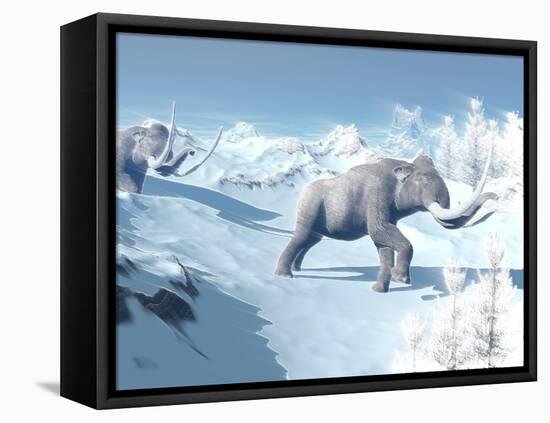 Mammoths Walking Slowly on the Snowy Mountain Against the Wind-null-Framed Stretched Canvas