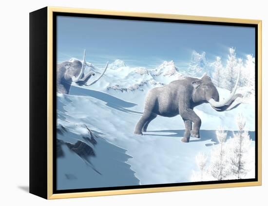 Mammoths Walking Slowly on the Snowy Mountain Against the Wind-null-Framed Stretched Canvas