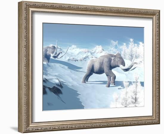 Mammoths Walking Slowly on the Snowy Mountain Against the Wind-null-Framed Art Print