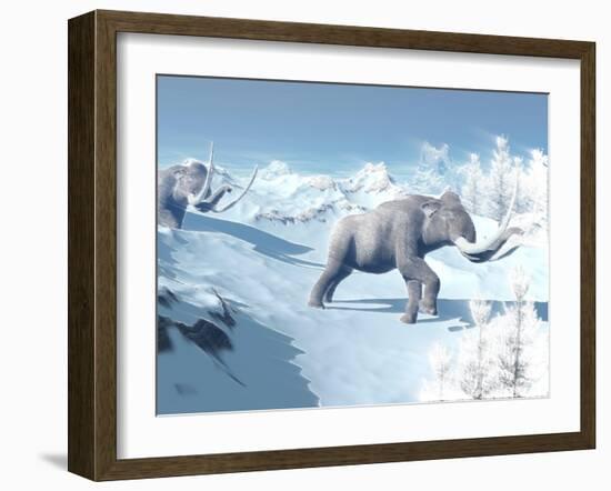 Mammoths Walking Slowly on the Snowy Mountain Against the Wind-null-Framed Art Print