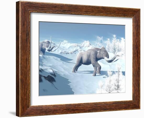 Mammoths Walking Slowly on the Snowy Mountain Against the Wind-null-Framed Art Print