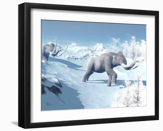 Mammoths Walking Slowly on the Snowy Mountain Against the Wind-null-Framed Art Print
