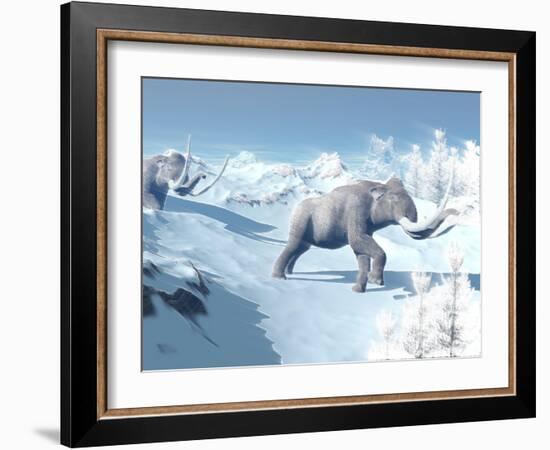 Mammoths Walking Slowly on the Snowy Mountain Against the Wind-null-Framed Art Print