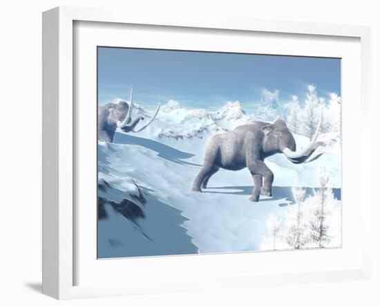 Mammoths Walking Slowly on the Snowy Mountain Against the Wind-null-Framed Art Print