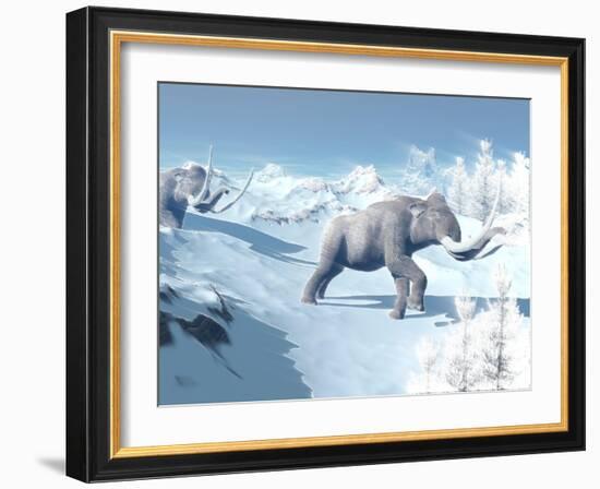 Mammoths Walking Slowly on the Snowy Mountain Against the Wind-null-Framed Art Print