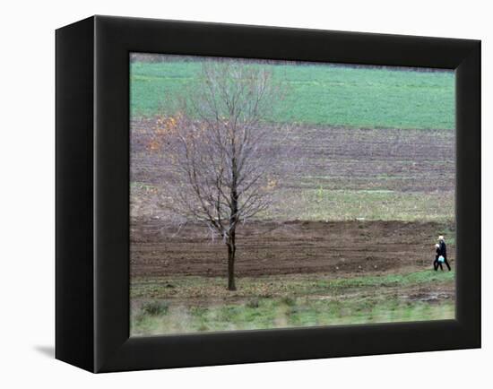 Man and Child Pass Through the Former Location of the Amish School in Nickel Mines, Pennsylvania-null-Framed Premier Image Canvas