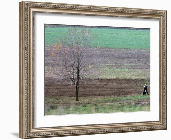 Man and Child Pass Through the Former Location of the Amish School in Nickel Mines, Pennsylvania-null-Framed Photographic Print