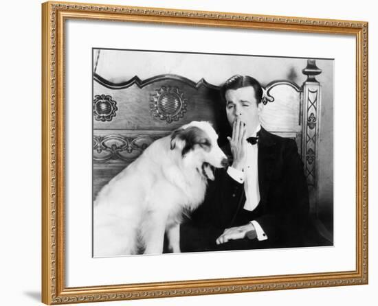 Man and Dog Sitting Together Yawning-null-Framed Photo