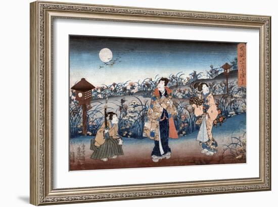 Man and Two Women Walking at Night under a Full Moon, Japanese Wood-Cut Print-Lantern Press-Framed Art Print