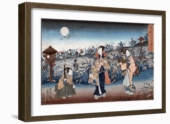 Man and Two Women Walking at Night under a Full Moon, Japanese Wood-Cut Print-Lantern Press-Framed Art Print