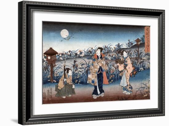 Man and Two Women Walking at Night under a Full Moon, Japanese Wood-Cut Print-Lantern Press-Framed Art Print