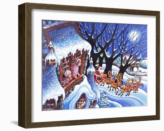 Man and Woman Look at Window at Santa in Sleigh Pulled by Reindeer-Bill Bell-Framed Giclee Print