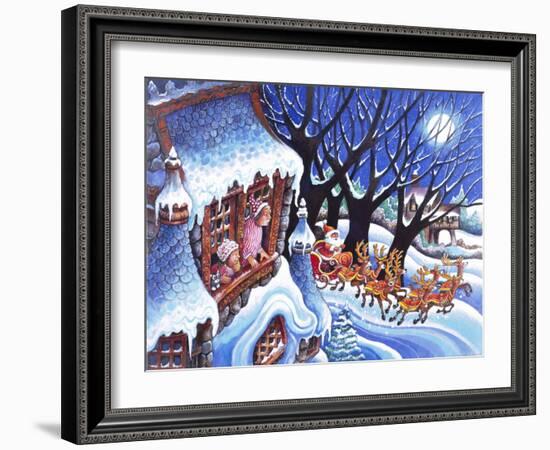 Man and Woman Look at Window at Santa in Sleigh Pulled by Reindeer-Bill Bell-Framed Giclee Print